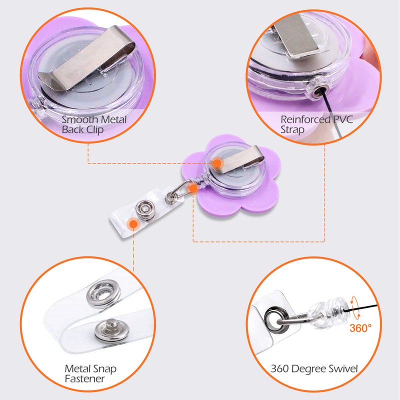 Finex 4 pcs Set Colorful Flowers Badge ID Clip Reel Retractable Holder Office Work Nurse Name Badge Tag Clip On Card Holders Cute - 30 inch Cord Extension - Image 3